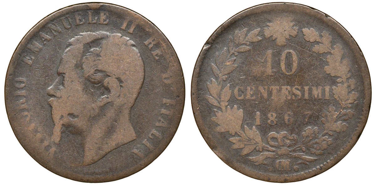 Италия 10 чентезимо 1867 OM, Виктор Эммануил II (1861-1878) KM 11.5 медь 4162-214