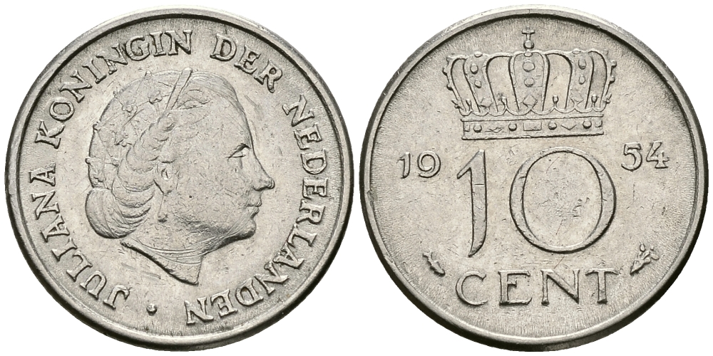 НИДЕРЛАНДЫ 10 ЦЕНТОВ 1954 ЮЛИАНА KM 182 никель 96-458