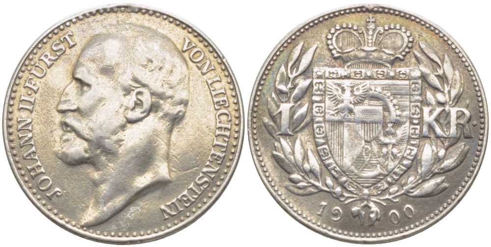 ЛИХТЕНШТЕЙН 1 КРОНА 1900 ПРИНЦ ДЖОН II (1858-1929) KM 2 серебро 119-126
