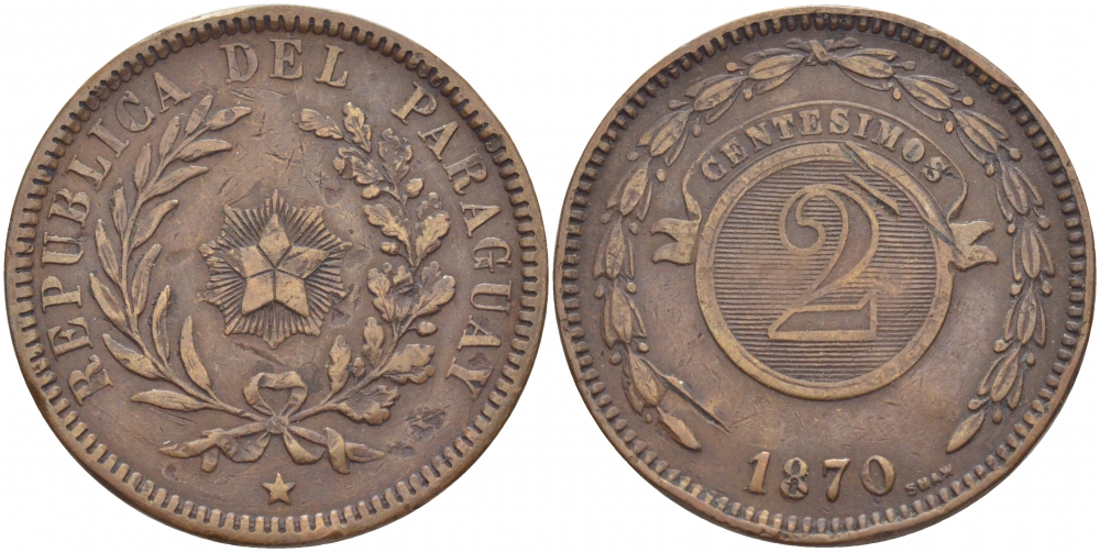 Парагвай 2 сентесимо 1870 KM 3 медь 603-1415