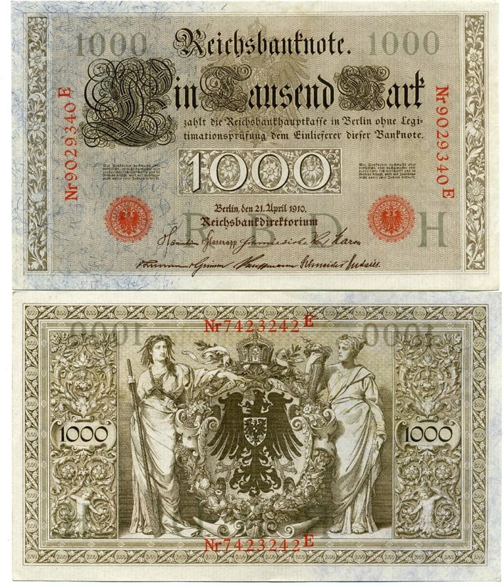 ГЕРМАНИЯ 1000 МАРОК 1910 КРАСНАЯ ПЕЧАТЬ, 7 ЦИФР В НОМЕРЕ Pick 44b бумага 2192-29-2