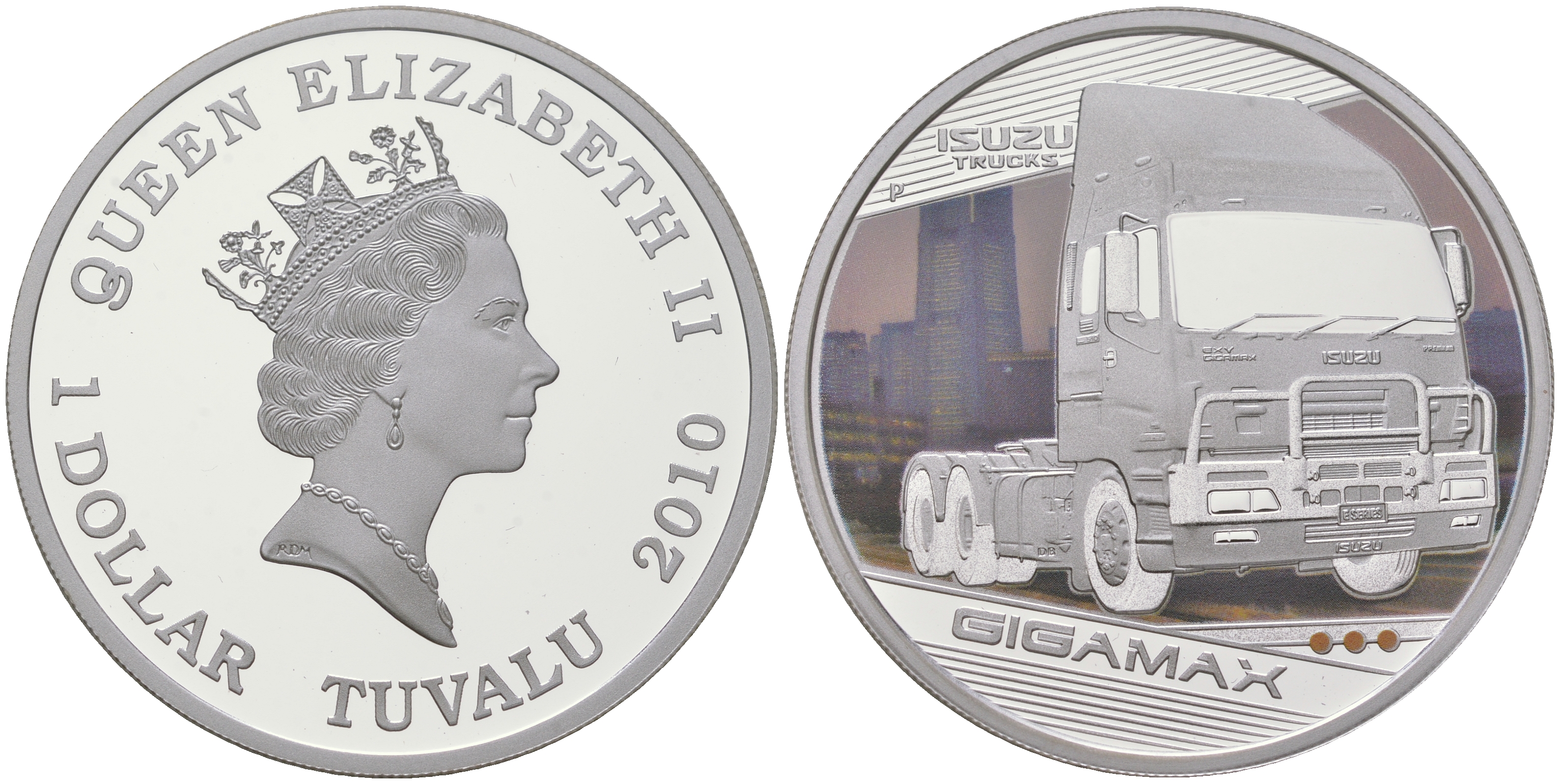 Тувалу 1 доллар 2010 серия грузовые автомобили, короли дорог, Isuzu Gigamax, цветная термопечать KM 142 серебро  PROOF  1091-5-53