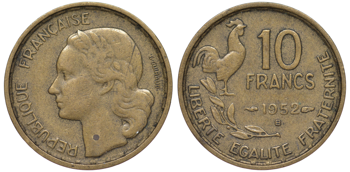 Франция 10 франков 1952 B, петух KM 915.2, Le Franc 363.5 алюминиевая бронза 45-446