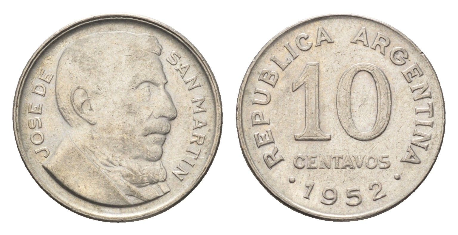 Аргентина 10 сентаво 1952 генерал Хосе де Сан Мартин KM 47 медно-никель 4664-549