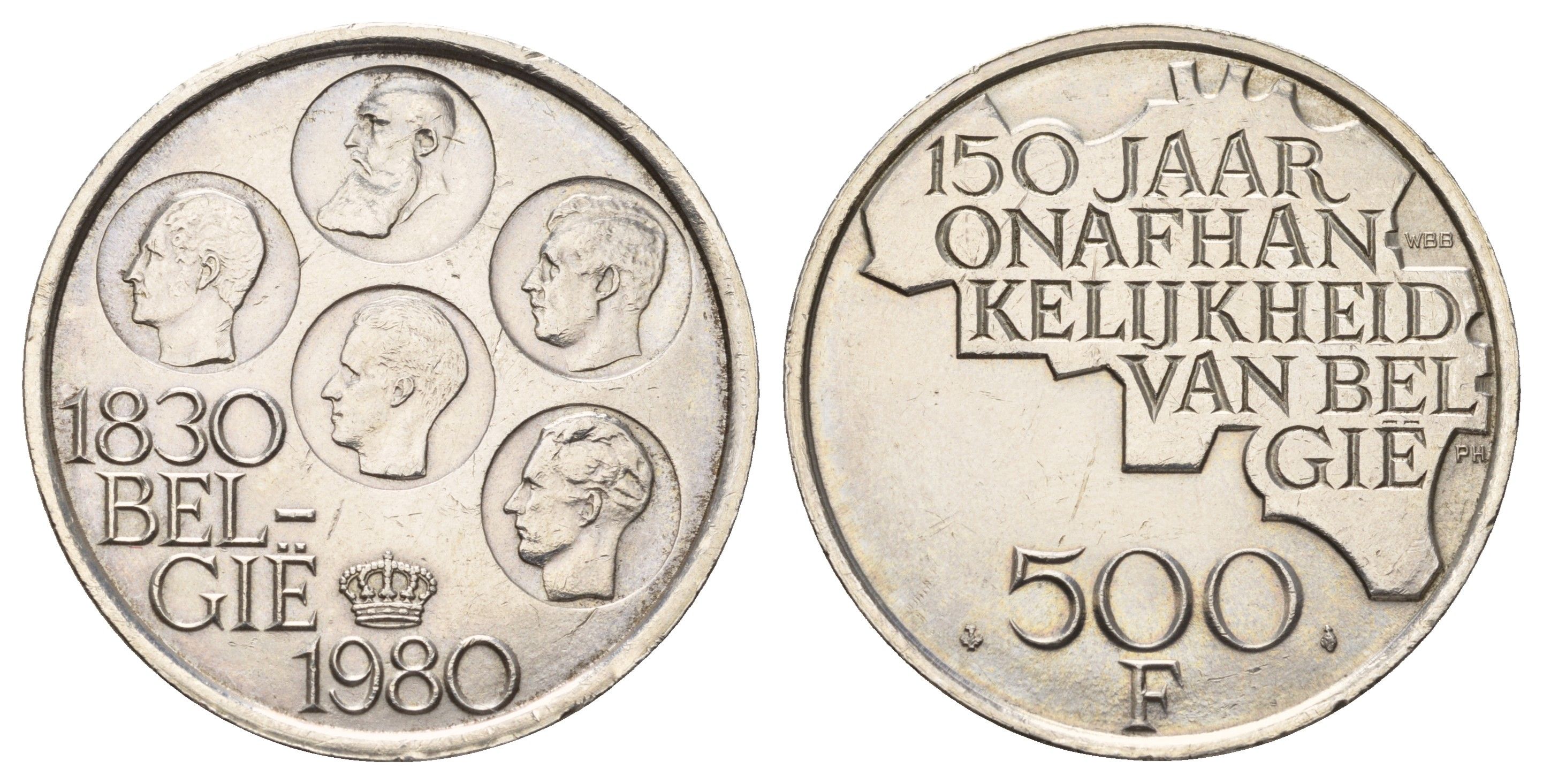 Бельгия 500 франков 1980 150 лет независимости, Belgie KM 162a серебро UNC 1519-1444