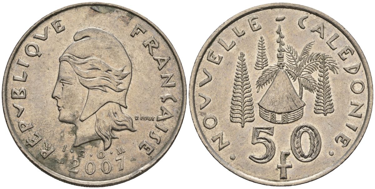 Французская Новая Каледония 50 франков 2007 хижина среди сосен и пальм, (IEOM) KM 13a, Schoen 15a, Lec 128i медно-никель 4111-235