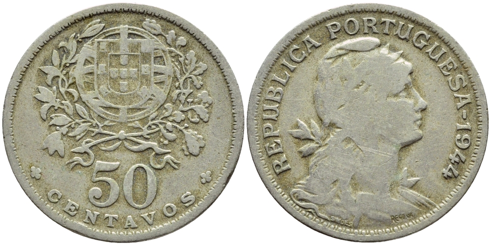 Португалия 50 сентаво 1944 KM 577 медно-никель 4395-824