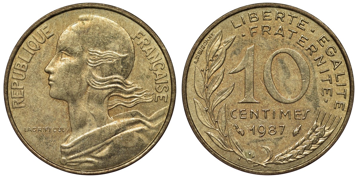 Франция 10 сантимов 1987 тип Marianne KM 929, Le Franc 144.27 медь алюминий никель 4128-213