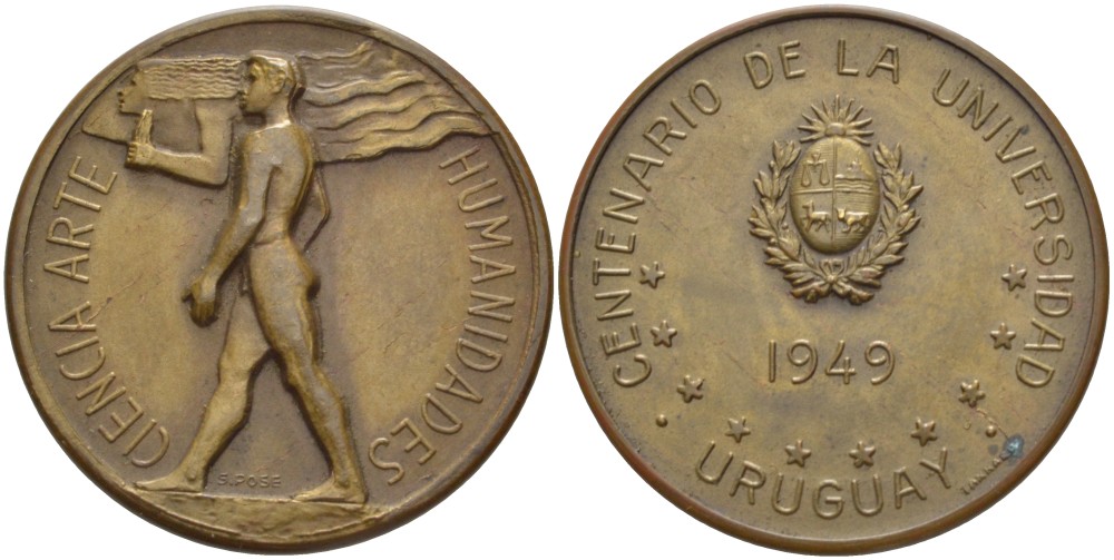 УРУГВАЙ МЕДАЛЬ 1949 100 ЛЕТ РЕСПУБЛИКАНСКОМУ УНИВЕРСИТЕТУ В МОНТЕВИДЕО (1849-1949), НАУКА, ИСКУССТВО, ГУМАНИТАРНЫЕ НАУКИ, МЕДАЛЬЕР S. POSE, ДИАМЕТР 36 ММ. бронза 1087-4-13