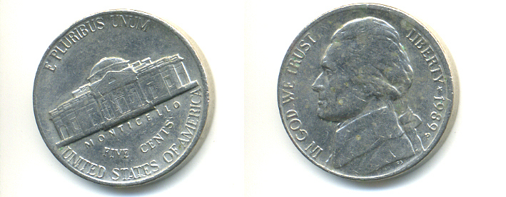 США 5 ЦЕНТОВ 1989 P, ДЖЕФФЕРСОН KM А192 медно-никель 86-617