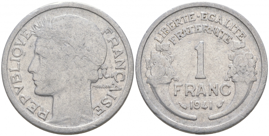 ФРАНЦИЯ 1 ФРАНК 1941 ТИП MORLON, LEGERE KM 885a.1, LE FRANC 221.2 алюминий 186-316