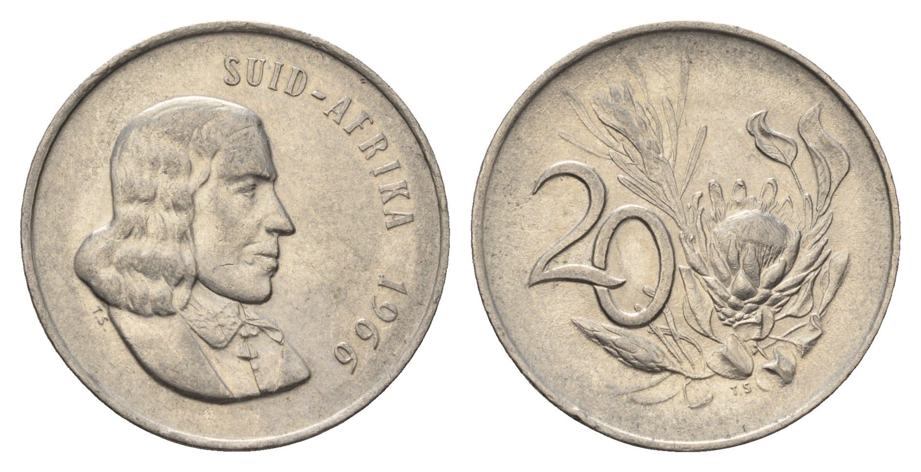 ЮАР 20 центов 1966 Ян ван Рибек (1619-1677), Suid Africa, легенда на африкаанс, цветок протея KM 69.2 никель 4693-654