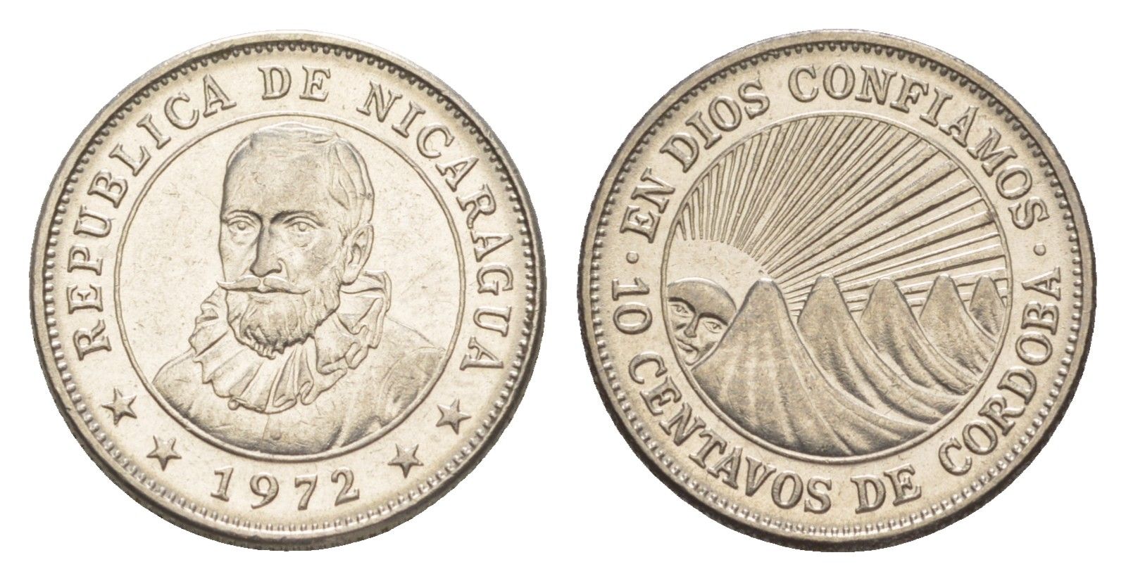 Никарагуа 10 сентаво 1972 KM 17.2a сталь плакированная никелем UNC 4640-1019