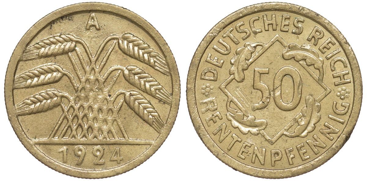 Германия 50 рентенпфеннигов 1924 A J. 310, KM 34 алюминиевая бронза 4513-957