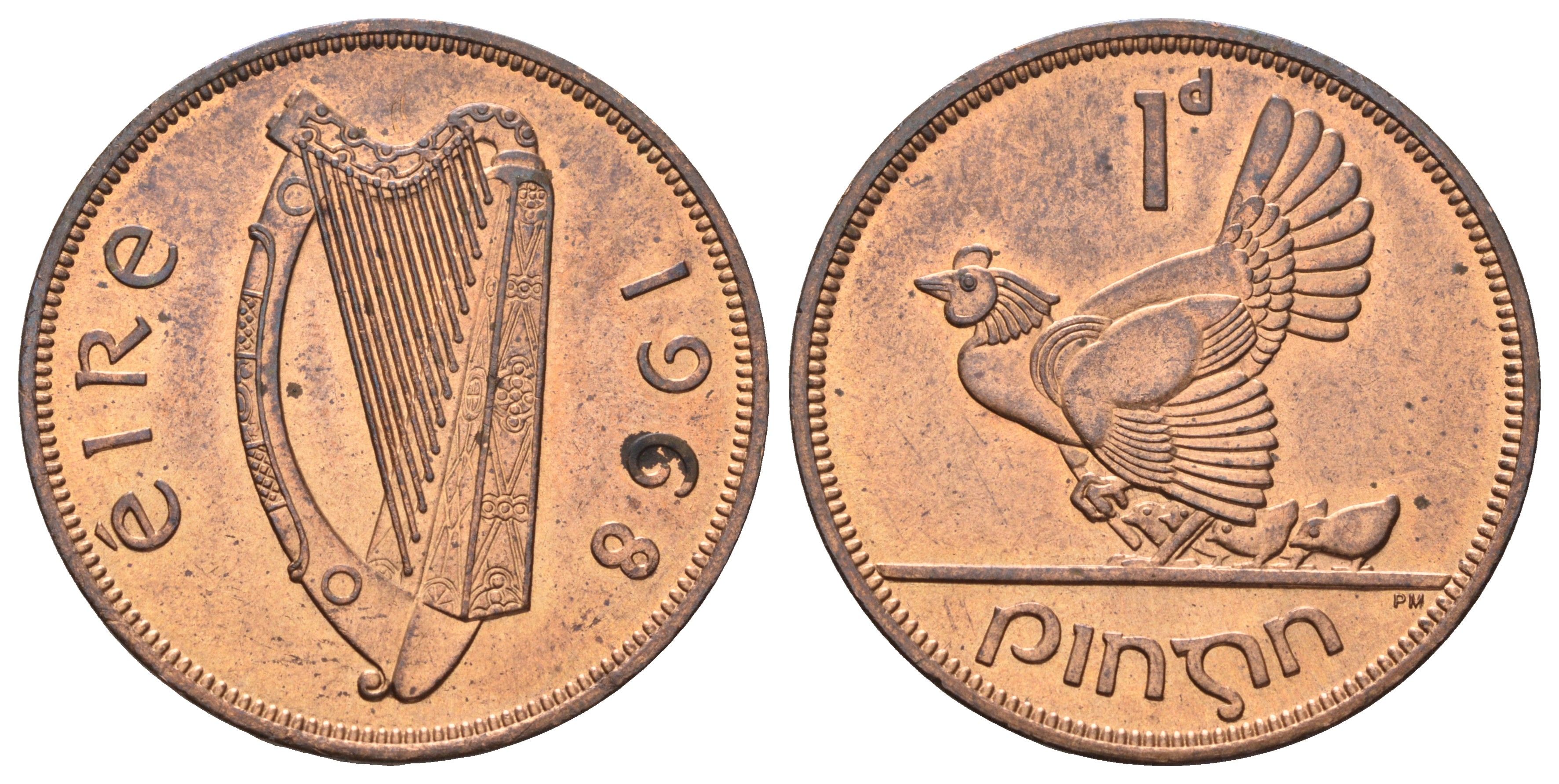 Ирландия 1 пенни 1968 курица с цыплятами KM 11 бронза 4521-314