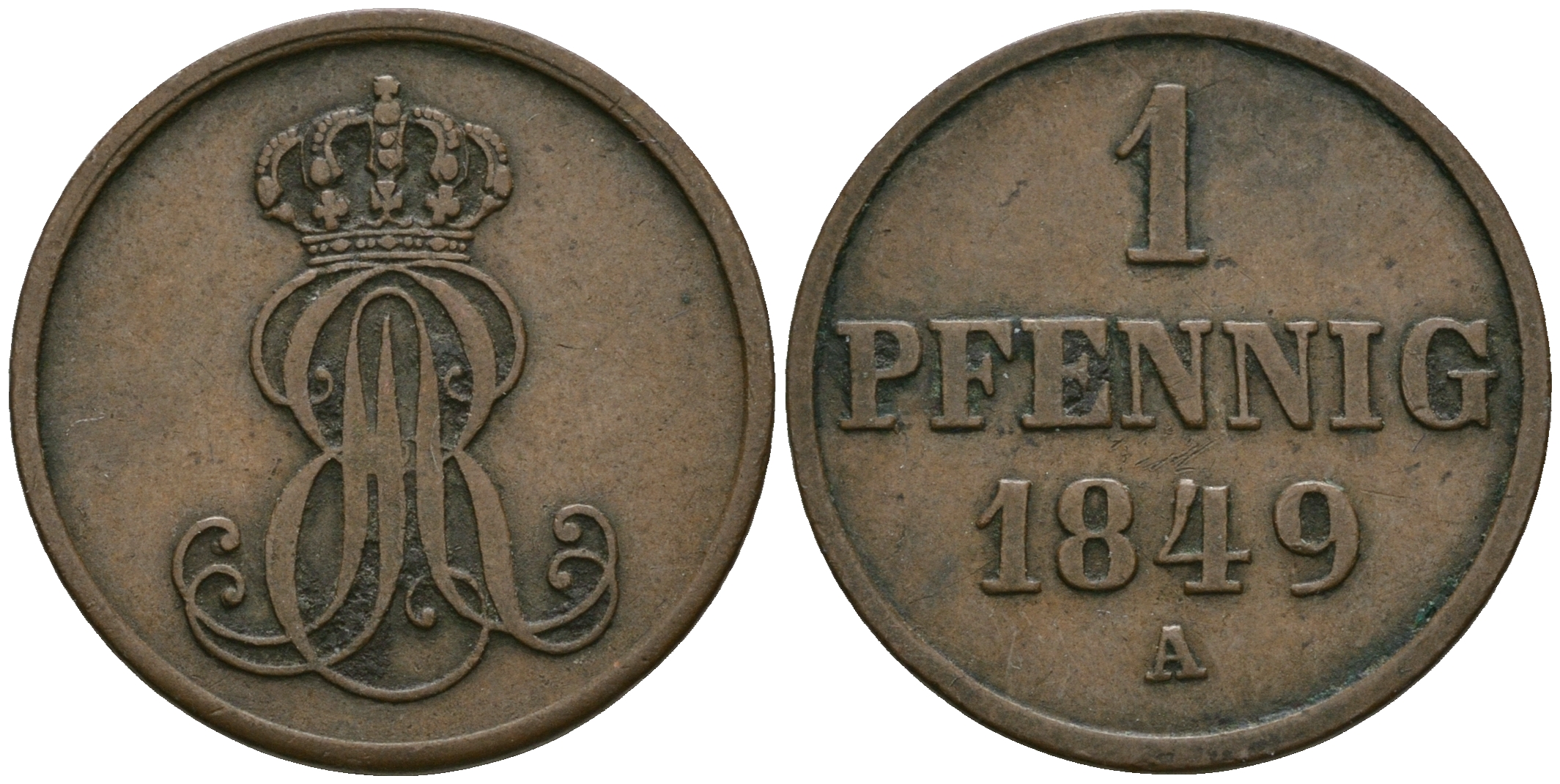 Ганновер 1 пфенниг 1849 A, Эрнст Август (1837-1851) KM 201.2, AKS 130, J. 74 медь 4608-1051