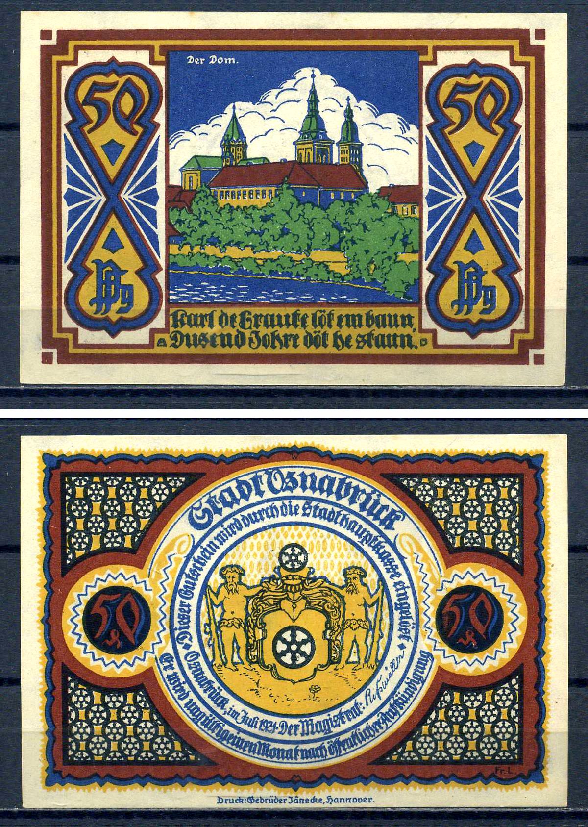 Оснабрюк 50 пфеннигов 1921 DeNG 1/2 1032.1-7/13 бумага UNC (пресс) 7556-27-4-1