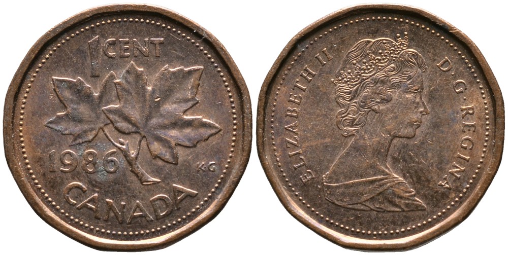 Канада 1 цент 1986 Елизавета II (1952-2022), кленовый лист KM 132 бронза 4528-755