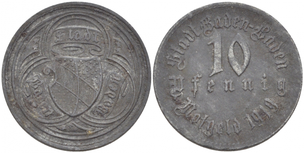 БАДЕН-БАДЕН 10 ПФЕННИГОВ 1919 НОТГЕЛЬД цинк 3856-1016