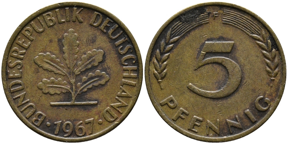 ФРГ 5 ПФЕННИГОВ 1967 F KM 107, J. 382 сталь плакированная латунью 33-213