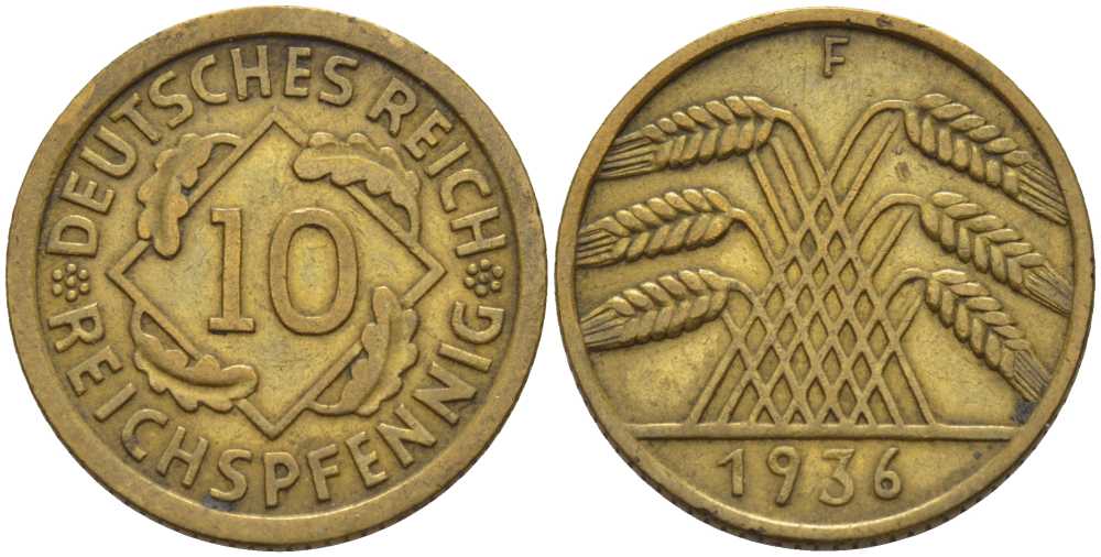 ГЕРМАНИЯ 10 РЕЙХСПФЕННИГОВ 1936 F KM 40, J. 317 алюминиевая бронза 4401-436