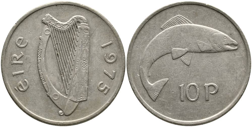 ИРЛАНДИЯ 10 ПЕНСОВ 1975 ЛОСОСЬ KM 23 медно-никель 4531-735