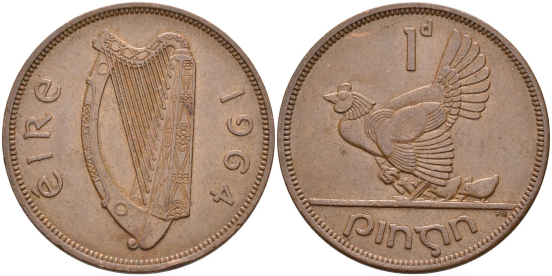 Ирландия 1 пенни 1964 курица с цыплятами KM 11 бронза 88-843