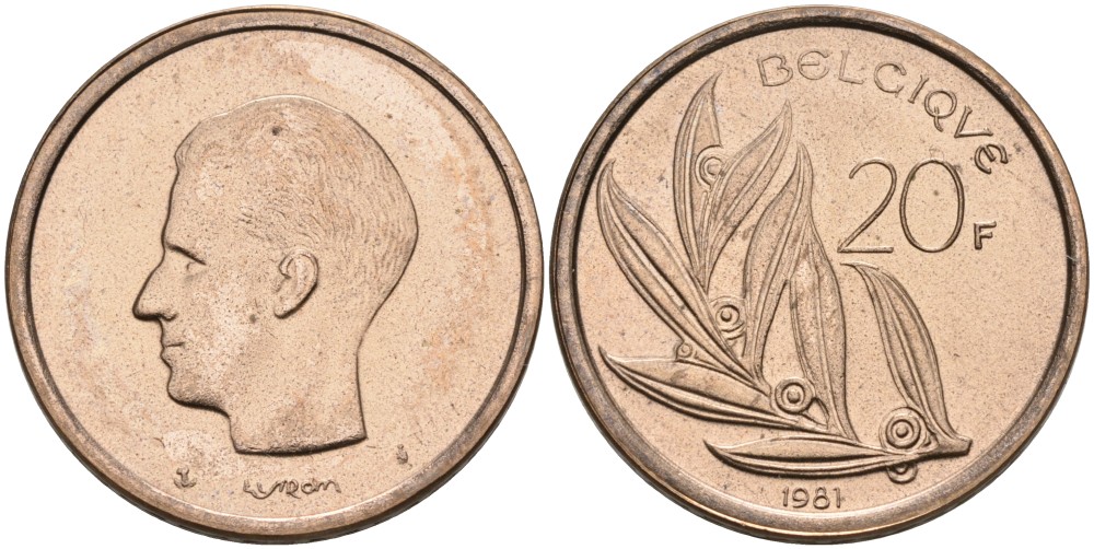 Бельгия 20 франков 1981 Belgique, Бодуэн I (1951-1993) KM 159 никель бронза UNC 4561-223