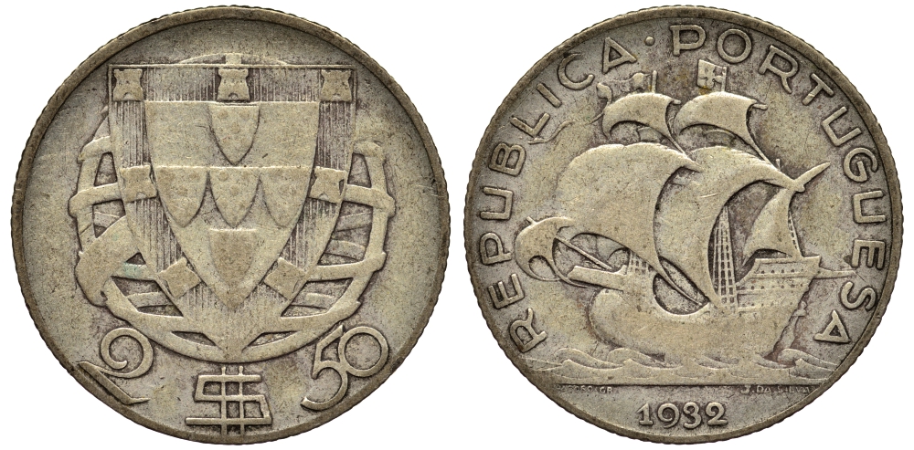 ПОРТУГАЛИЯ 2,5 ЭСКУДО 1932 ПАРУСНИК, ПЕРВЫЙ ГОД KM 580 серебро 1526-1345