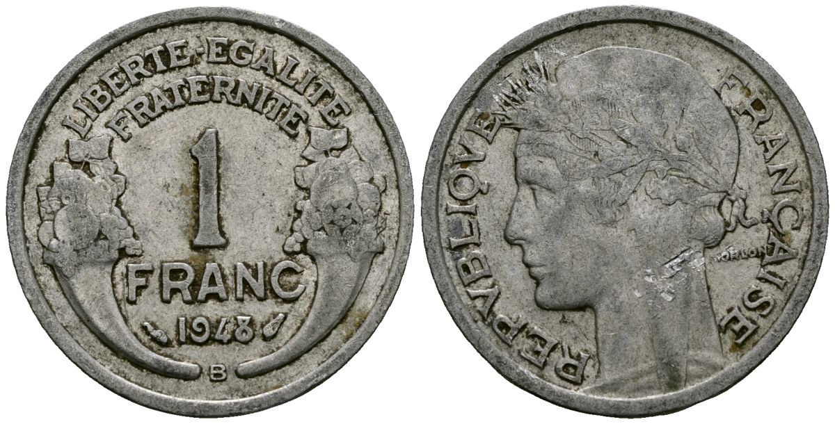 Франция 1 франк 1948 B, Тип Morlon KM 885a алюминий 4135-745