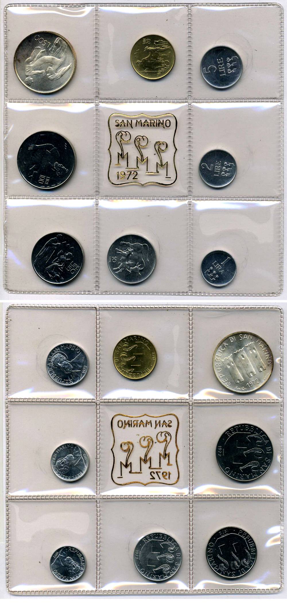 Сан-Марино годовой набор из 8 монет 1972 1, 2, 5, 10, 20, 50, 100 и 500 лир мать поднимает ребенка в воздух KM 14-21, в оригинальной пластиковой запайке серебро KM MS1 серебро UNC 3-4-5-13