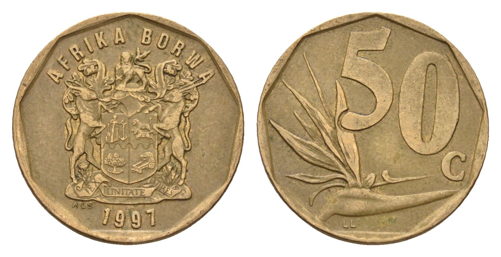 ЮАР 50 центов 1997 Зантедеския Эллиота (калла), герб KM 163 сталь плакированная бронзой 4687-732