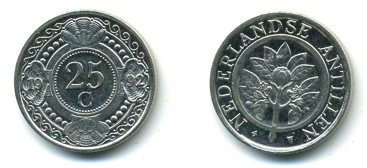 Нидерландские Антилы 25 центов 1992 Беатрикс (1980-2013) KM 35 никелированная сталь 35-1314