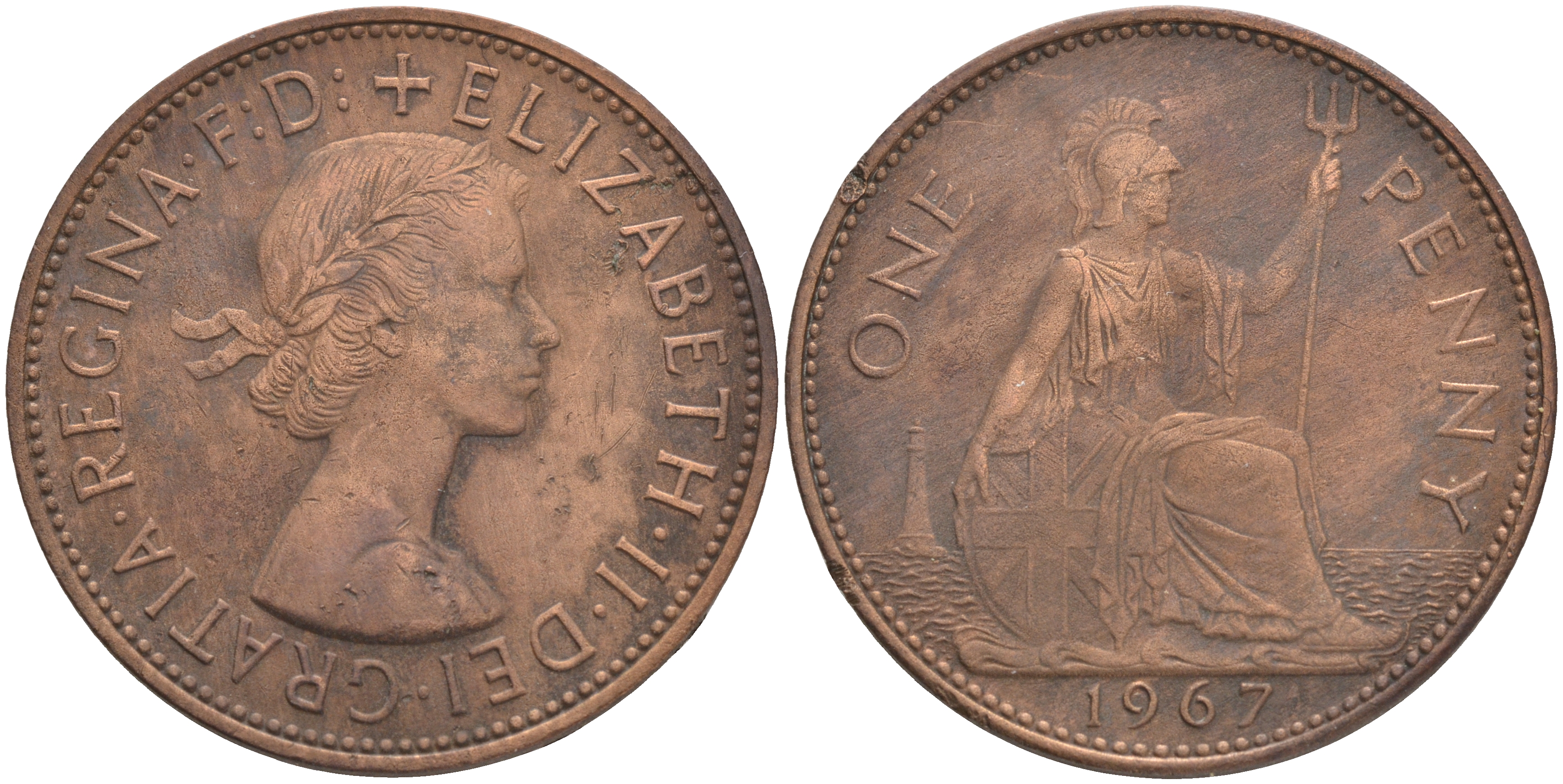 Великобритания 1 пенни 1967 Елизавета II (1952-2022) KM 897, Spink 4157 бронза 4557-1022