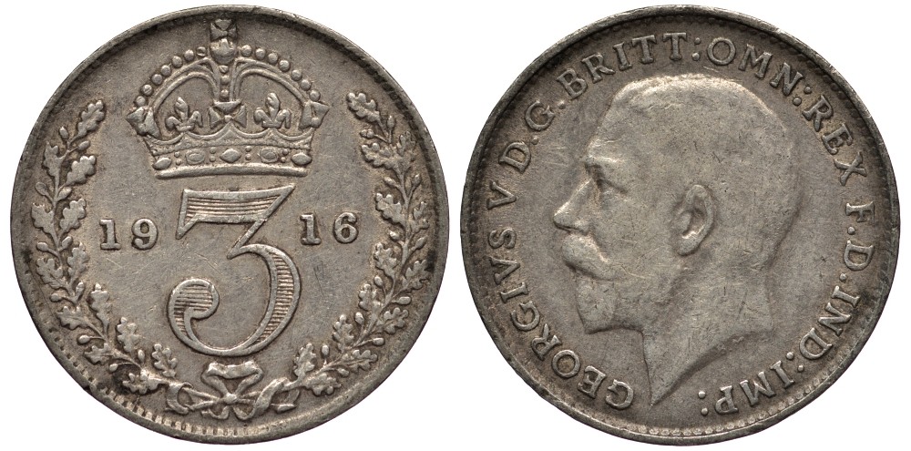 Великобритания 3 пенса 1916 Георг V (1910-1936) KM 813, Spink 4015 серебро 4528-442