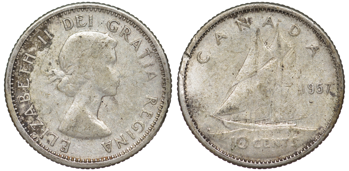 Канада 10 центов 1957 Елизавета II (1952-2022), парусник KM 51 серебро     4178-156