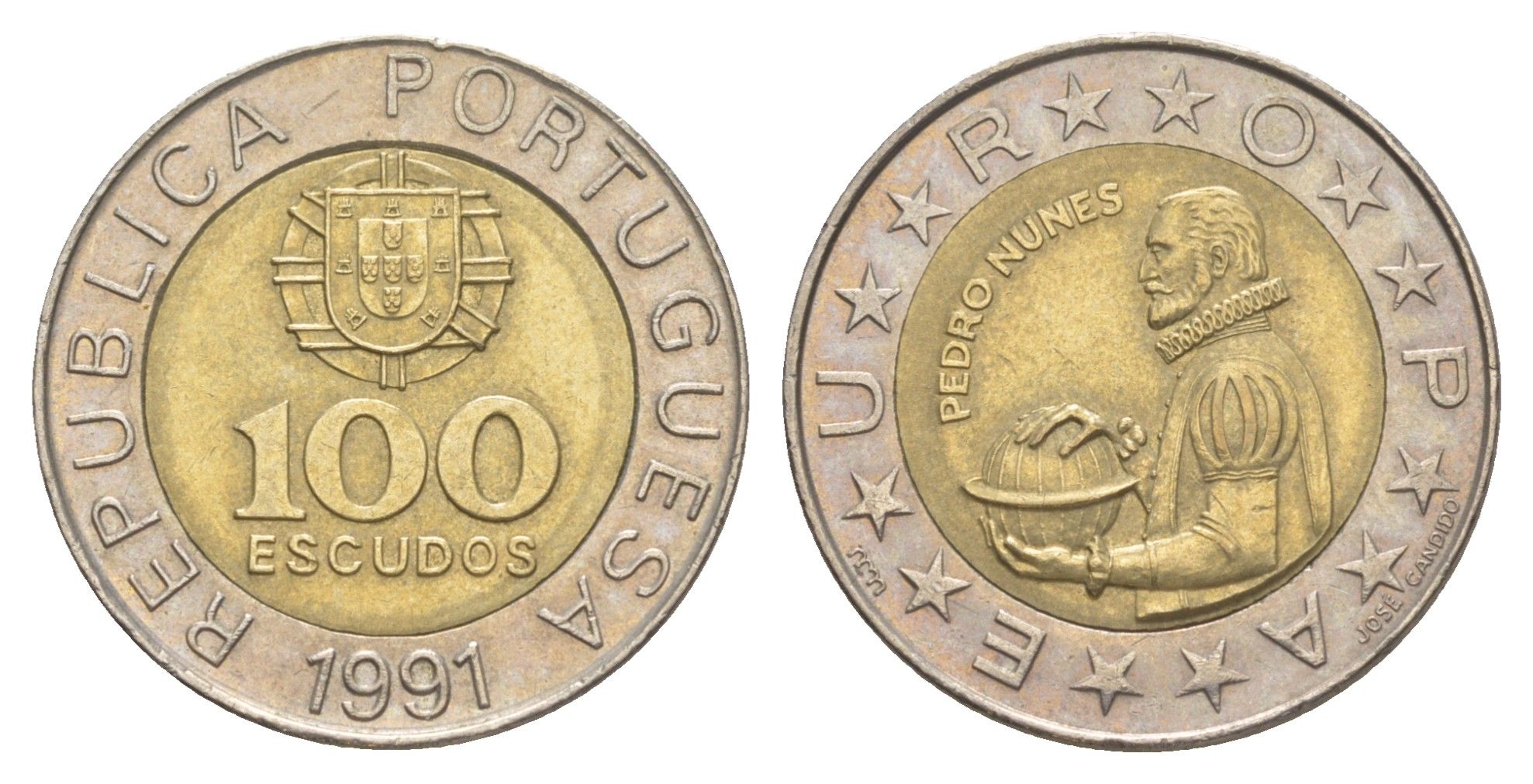 Португалия 100 эскудо 1991 Педру Нуниш (1502-1578), математик KM 645 биметалл 4388-822
