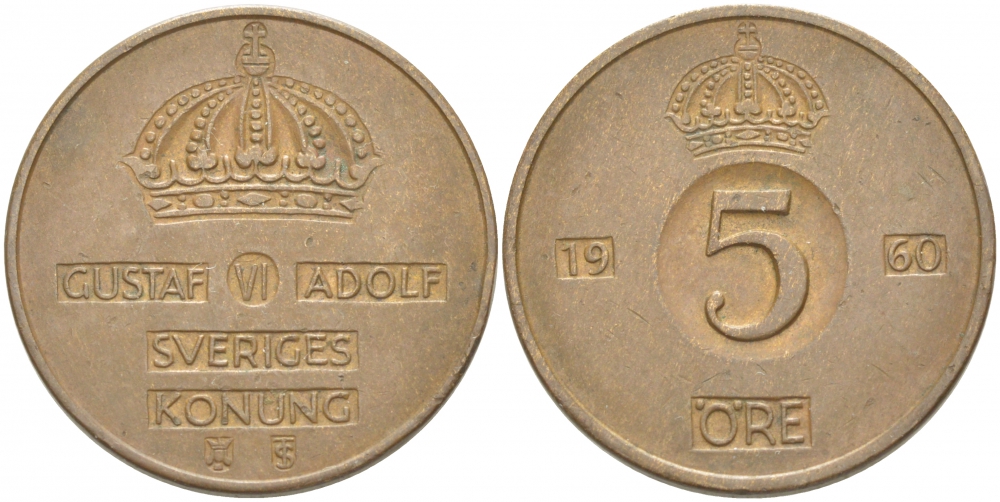 Швеция 5 эре 1960 TS Густав VI Адольф (1950-1973) KM 822 бронза 77-524