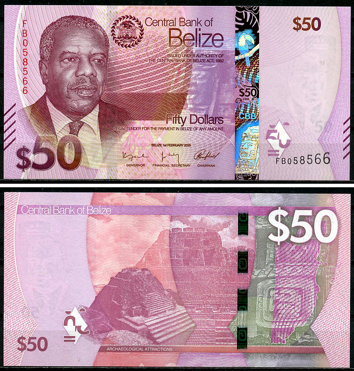 Белиз 50 долларов 2025 Филип Голдсон, руин Каана майя Pick 77  бумага  UNC (пресс) 451-1186-3