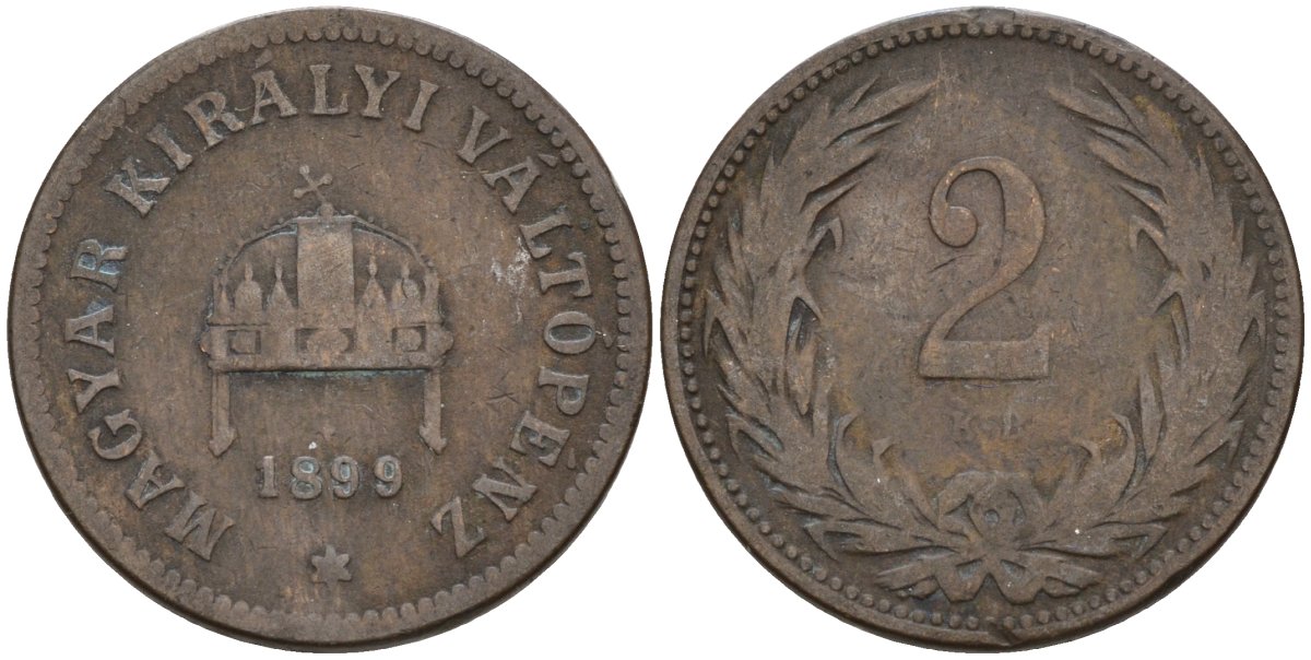Венгрия 2 филлера 1899 KB, Франц Иосиф I (1848-1916) KM 481 бронза 4151-937