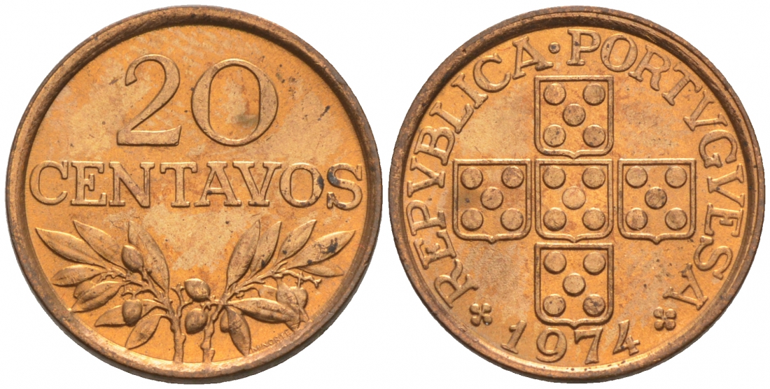 Португалия 20 сентаво 1974  КМ 595 бронза  UNC  M13-14