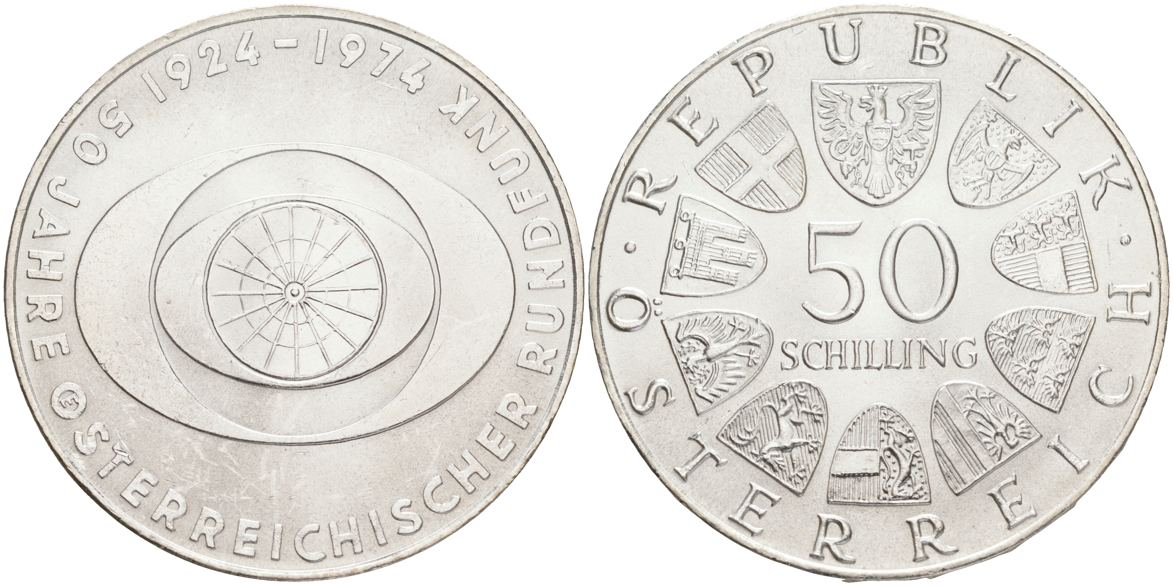 Австрия 50 шиллингов 1974 50 лет Австрийскому телевидению KM 2922 серебро aUNC 4557-326