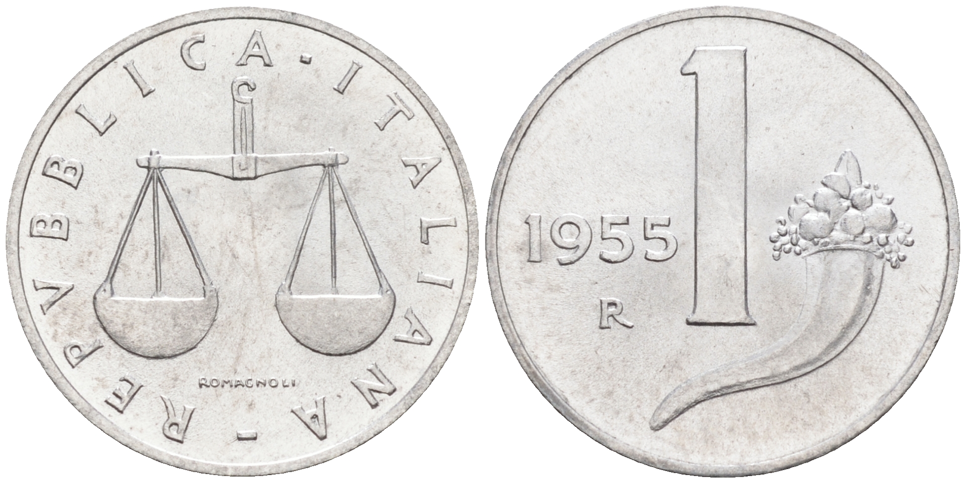 Италия 1 лира 1955 R, весы KM 91 алюминий  UNC  4594-712