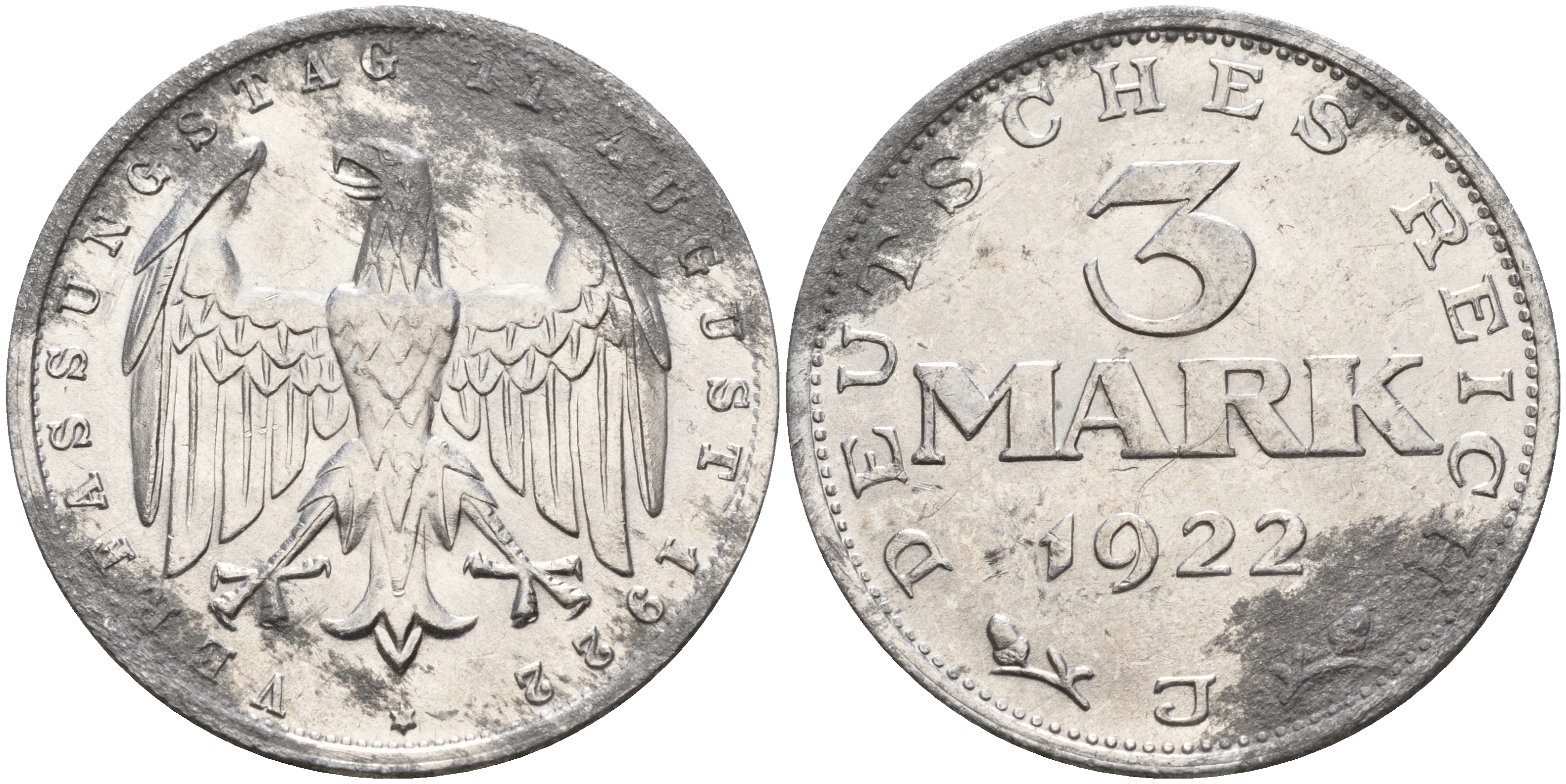 Германия 3 марки 1922 J, третья годовщина Веймарской Конституции KM 29 J. 303 алюминий    4149-414