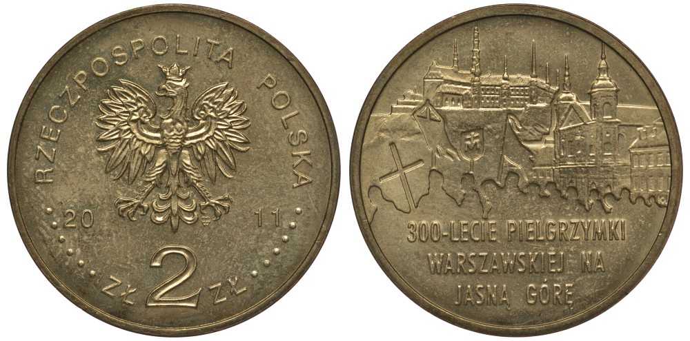Польша 2 злотых 2011 MW, 300 лет Варшавского паломничества к Ясной Горе KM 784 нордик 111-514