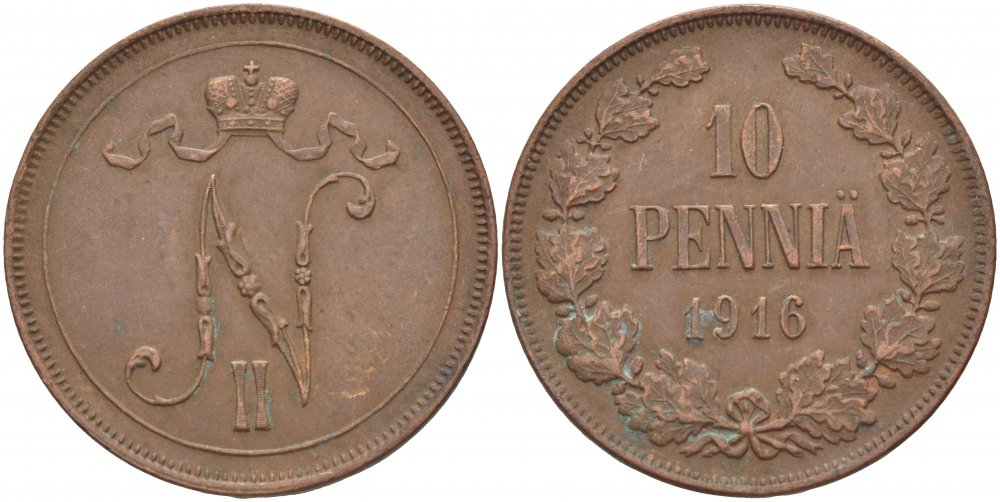 РОССИЯ ДЛЯ ФИНЛЯНДИИ 10 ПЕННИ 1916 Биткин 439 медь 51-1532