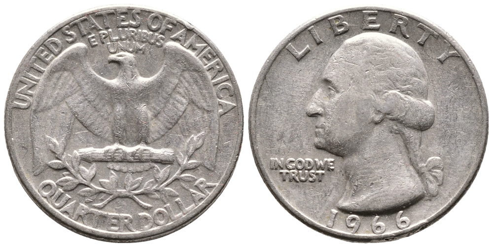 США 25 центов (квотер) 1966 Вашингтон KM 164а медь плакированная медно-никелем 4364-427