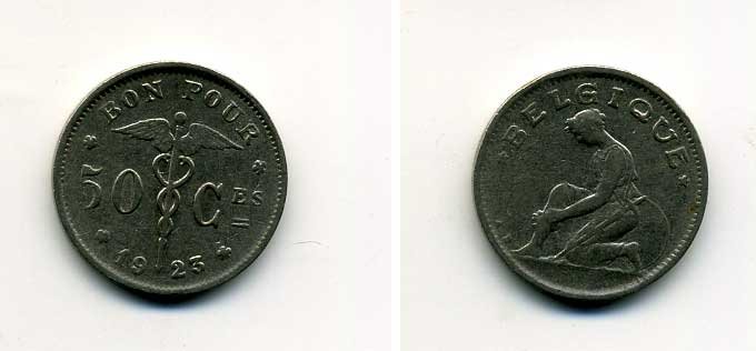 БЕЛЬГИЯ 50 САНТИМОВ 1923 BELGIQUE KM 87 никель 37-269