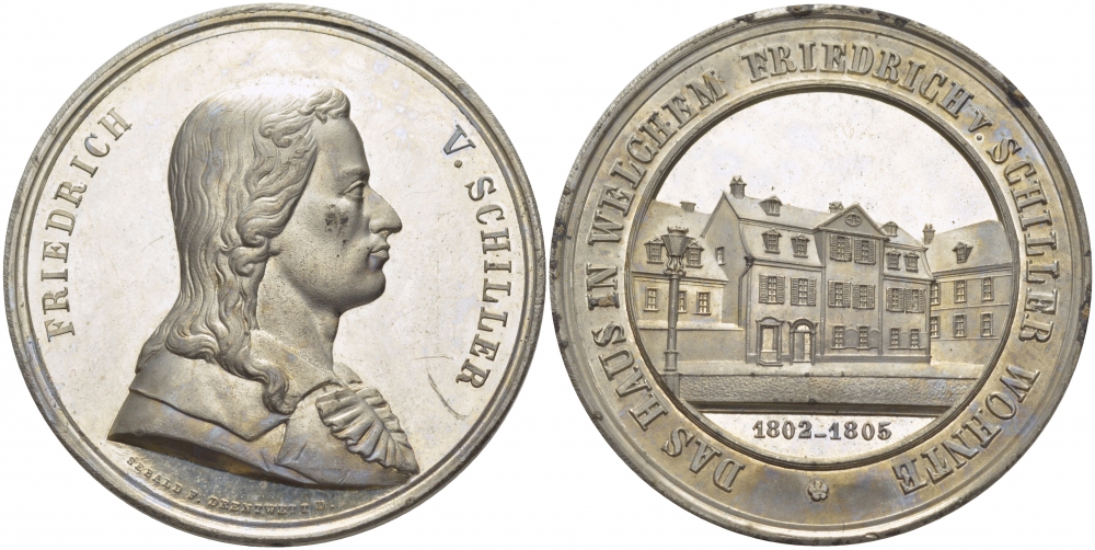 ГЕРМАНИЯ МЕДАЛЬ ND ФРИДРИХ ФОН ШИЛЛЕР, ДОМ В ВИЛЬХЕМЕ В КОТОРОМ ЖИЛ ШИЛЛЕР С 1802 ПО 1806 ГОД, ДИАМЕТР 37,5 ММ., ВЕС 15,9 ГР. серебро PROOF 01-147-41