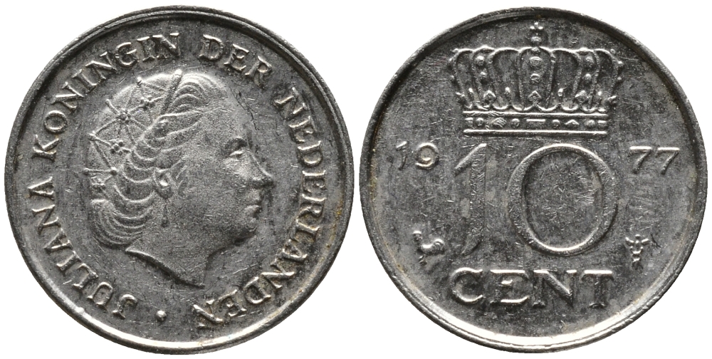 НИДЕРЛАНДЫ 10 ЦЕНТОВ 1977 ЮЛИАНА KM 182 никель 4392-346
